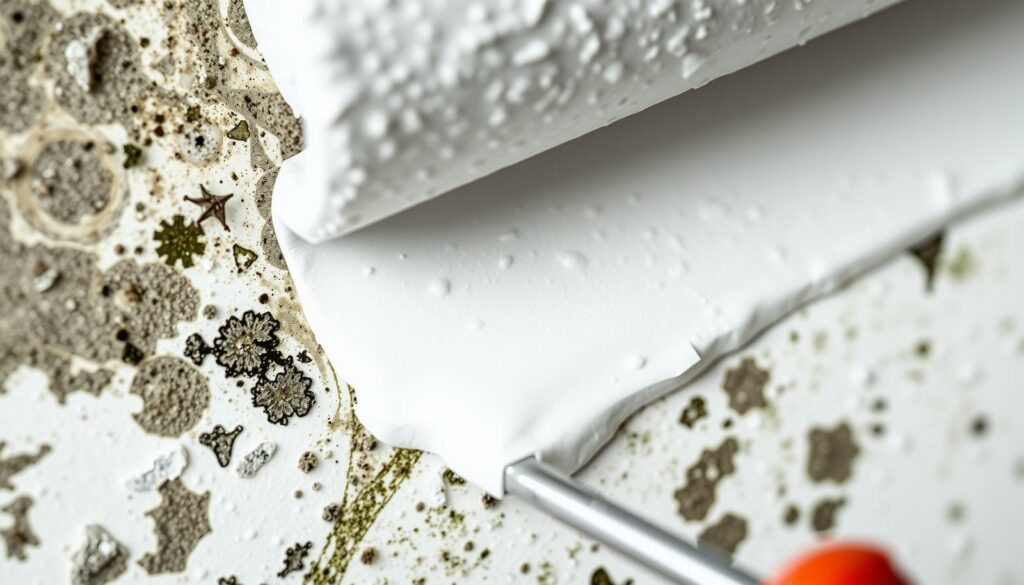 A professional paint roller and mold resistant paint can in a bright bathroom.