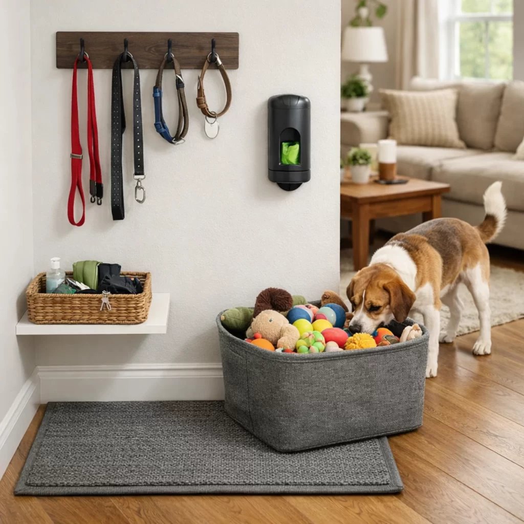 Well-organized and dry bath toys sitting on a bathroom shelf for easy access.