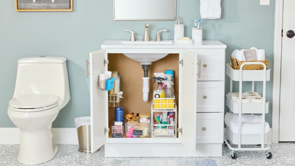 An organized bathroom with colorful bath toys neatly stored in a mesh net.