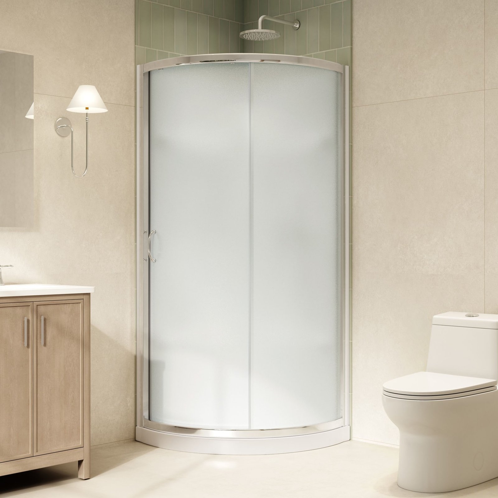 A close-up of a frameless glass shower panel installed in a contemporary tiled bathroom alcove.