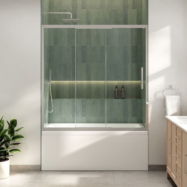 Interior view of a modern glass shower enclosure inside a bright, organized bathroom space.