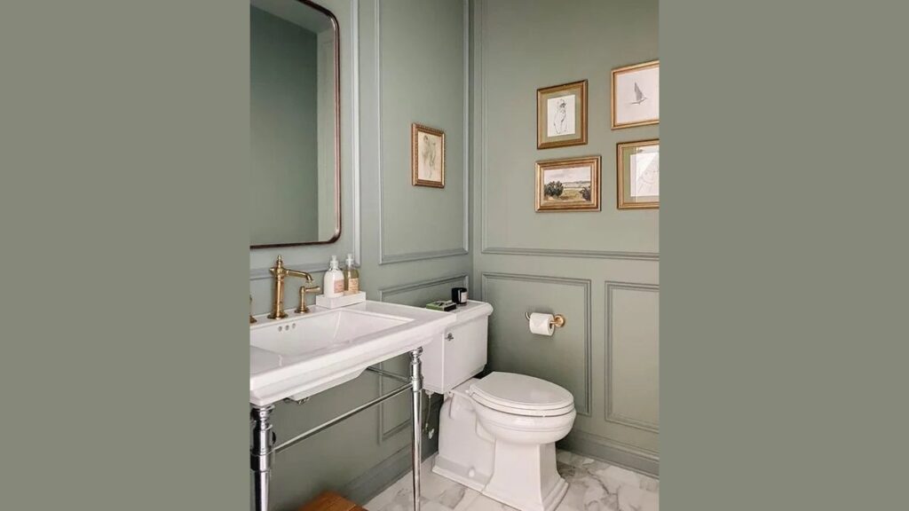 A bright, modern small bathroom painted in light colors to feel more spacious.