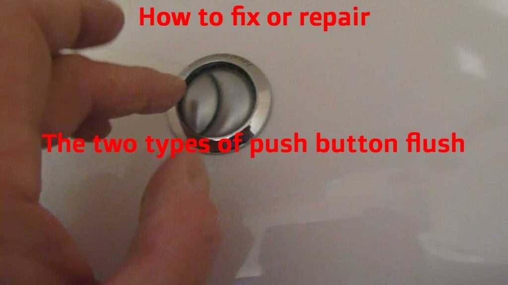 A close-up view of a modern push button toilet flush mechanism.