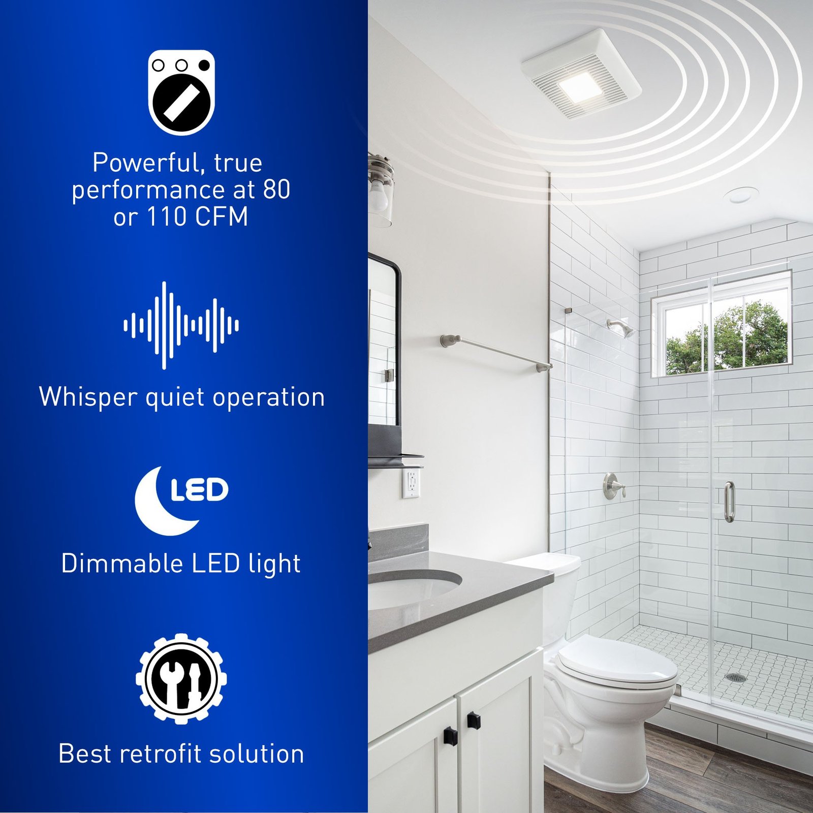 A modern bathroom wall control for a quiet exhaust fan system.