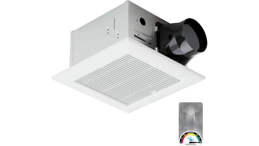 A modern bathroom exhaust fan installed on a clean white ceiling in a bright bathroom.