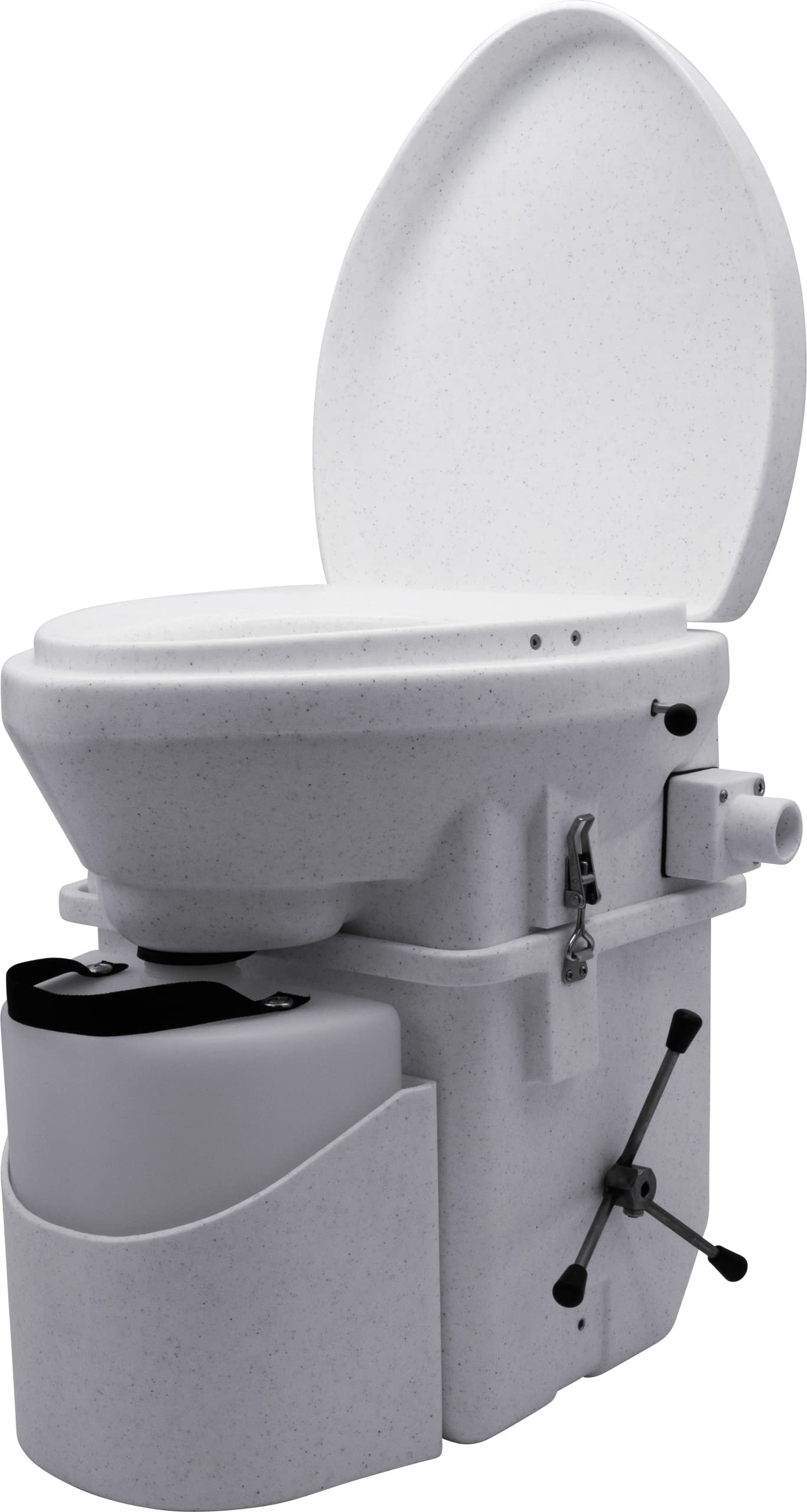 A clean and organized composting toilet setup inside a small off-grid bathroom.