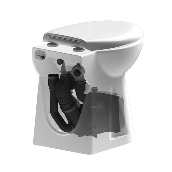 The compact ceramic base of a Saniflo Sanicompact toilet showing its space-saving design.