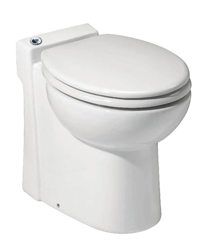 Hands performing maintenance on a Saniflo Sanicompact toilet unit in a bright bathroom.