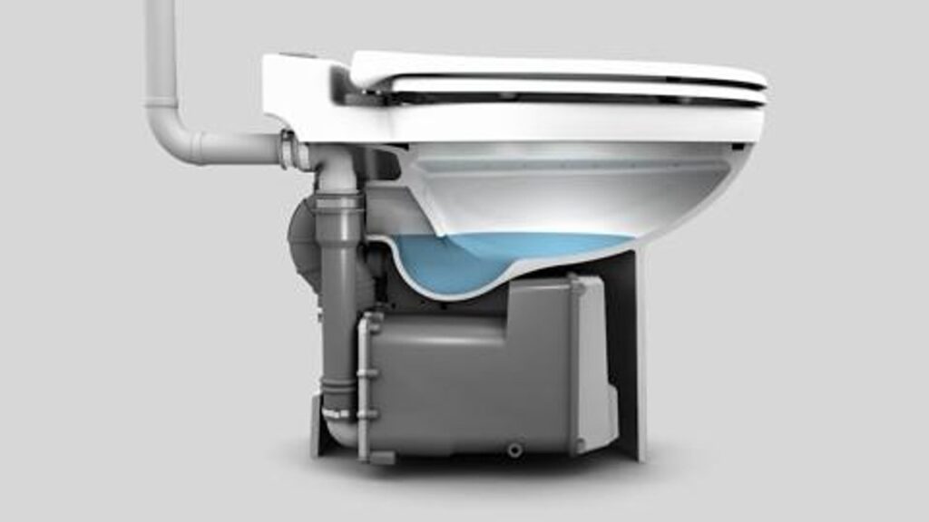 A modern Saniflo Sanicompact toilet installed in a clean, minimalist contemporary bathroom.