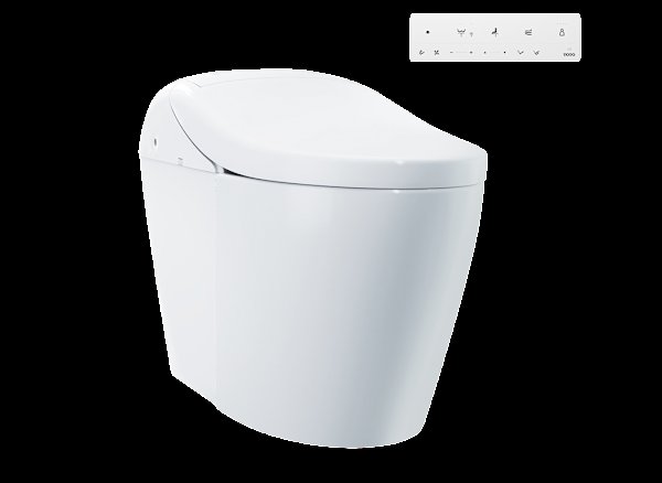 A modern integrated smart toilet sits in a clean, minimalist contemporary bathroom interior.