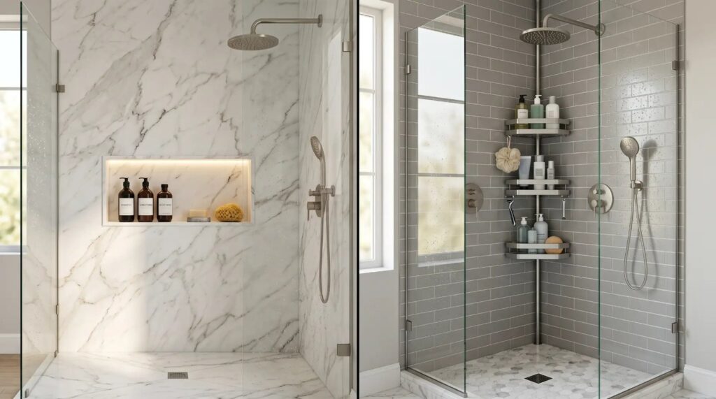 A modern rust proof corner shower caddy installed in a clean, compact bathroom shower.