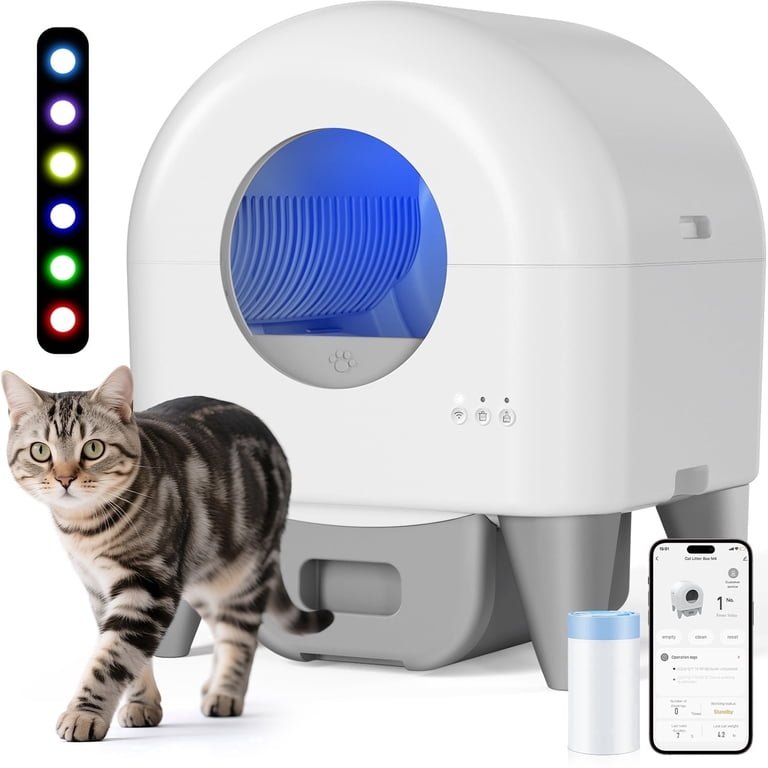 A self-cleaning litter box setup in a quiet corner of a home.
