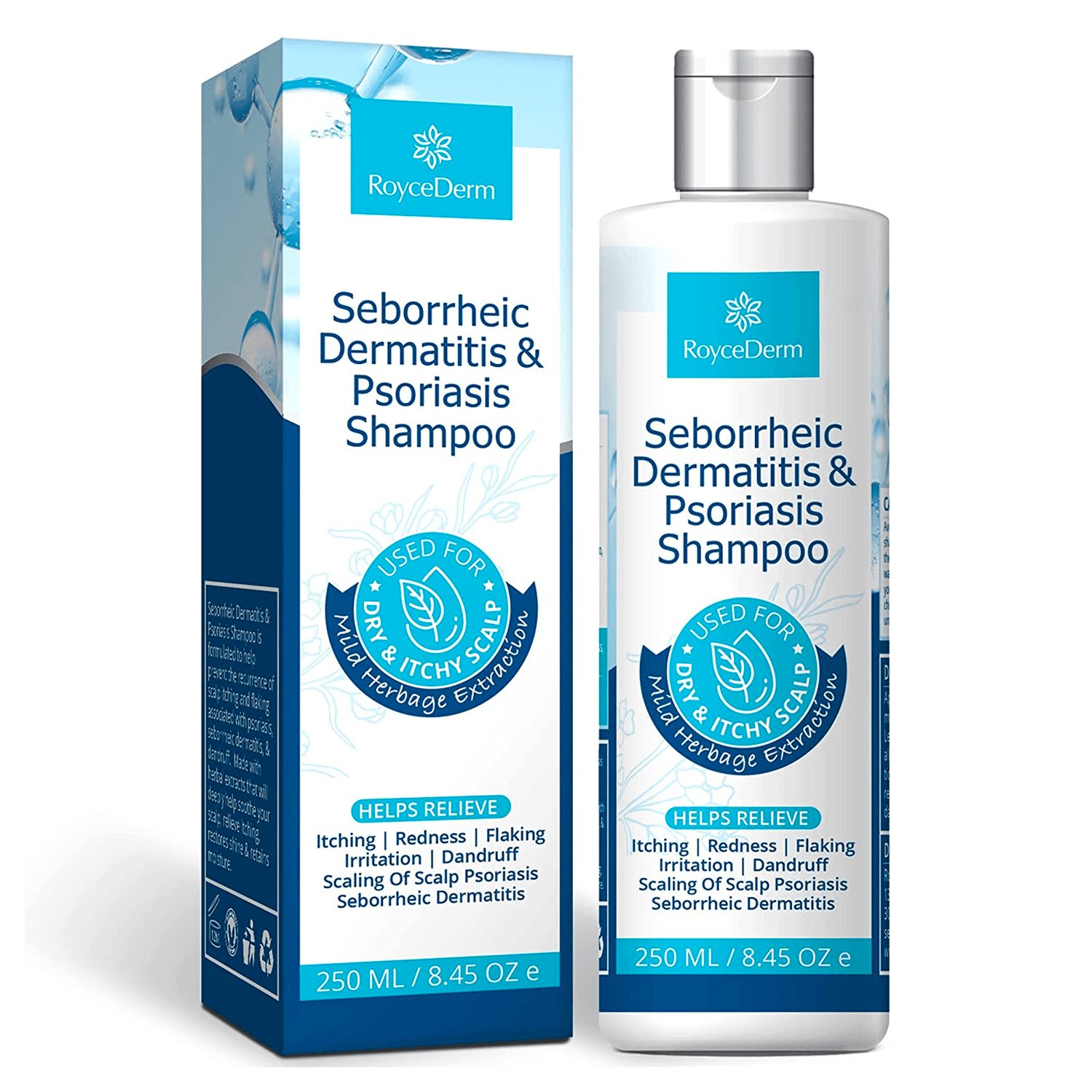 Medicated shampoo for psoriasis alongside a gentle silicone scalp brush and wide-tooth comb.