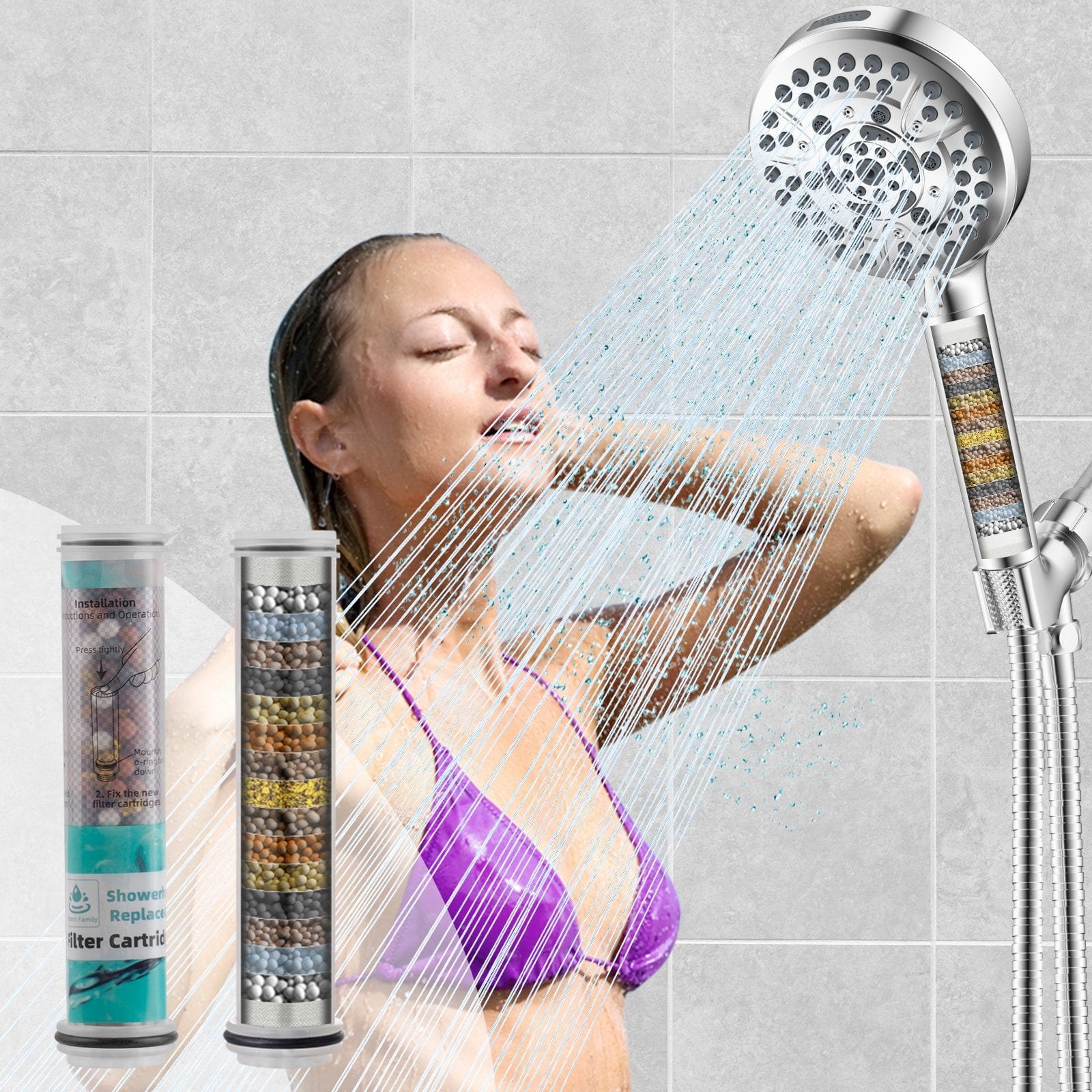 A shower filter unit and tools displayed neatly for an informative bathroom guide.