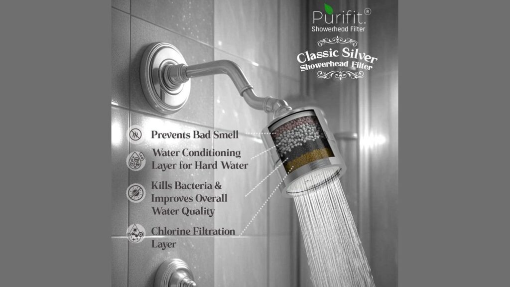 A modern showerhead equipped with a water filter for effective hard water removal.