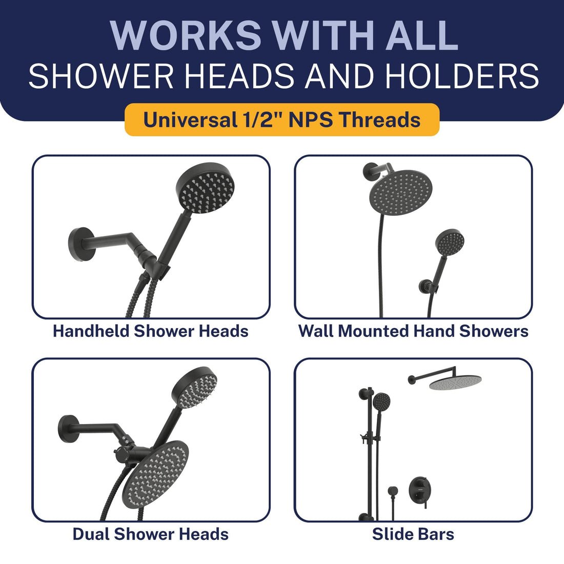 Various types of shower hoses arranged neatly for a product comparison guide.