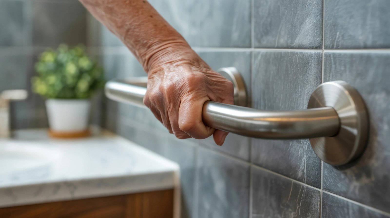 Checking the level of a shower pan rim with a spirit level tool.