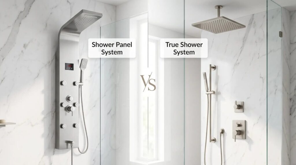 A modern shower panel system with body jets creates a luxurious home spa.