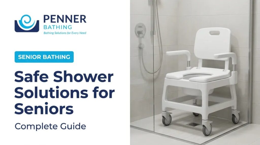 A modern bathroom showcasing a secure fold-down shower seat for elderly safety.