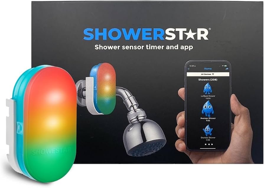 Various tools for installing a shower timer are arranged on a clean bathroom counter.