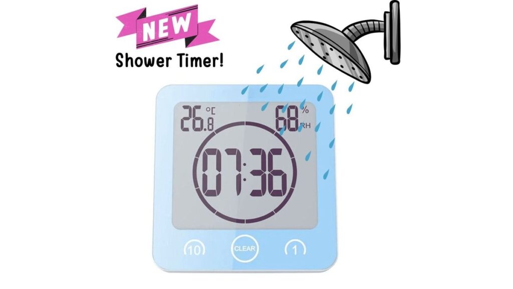 A child observes a waterproof shower timer in a clean modern bathroom.