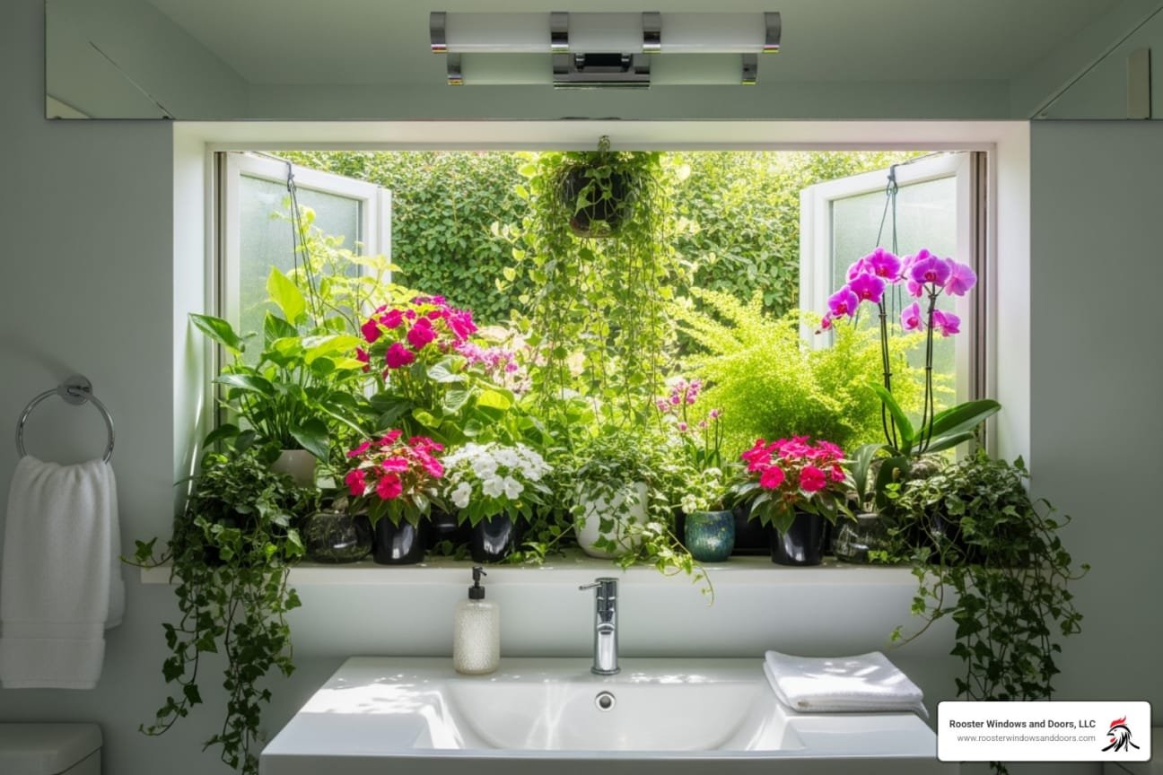 A modern bathroom vanity with a large smart mirror reflecting the room interior.