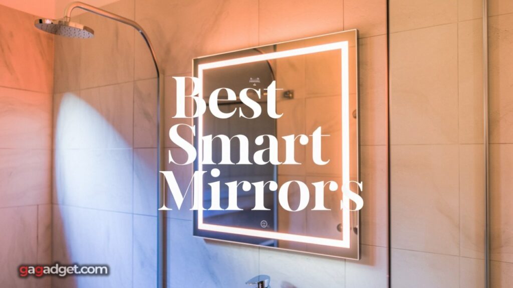 A modern smart bathroom mirror with a glowing touch interface in a bright room.