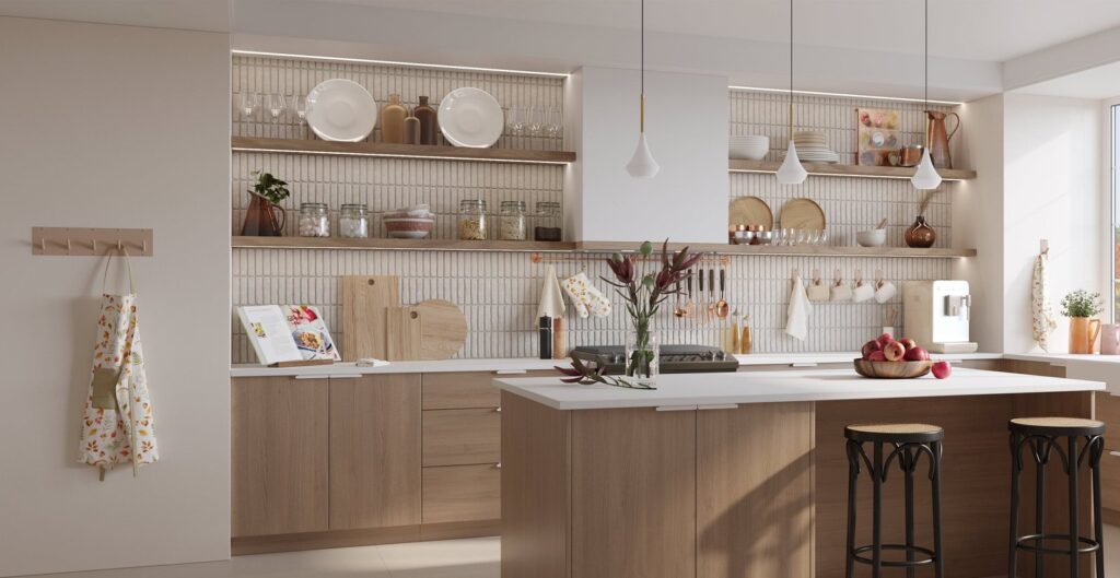 Minimalist floating wall shelves providing stylish storage in a bright, modern living room.