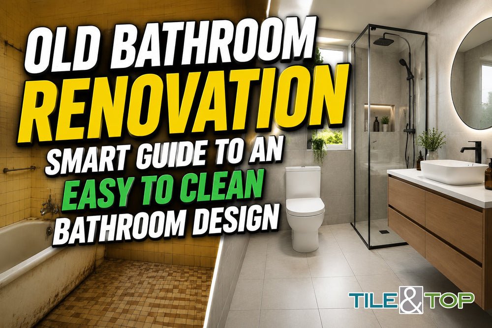 A gloved hand cleaning mold from bathroom tile grout with a disinfectant.