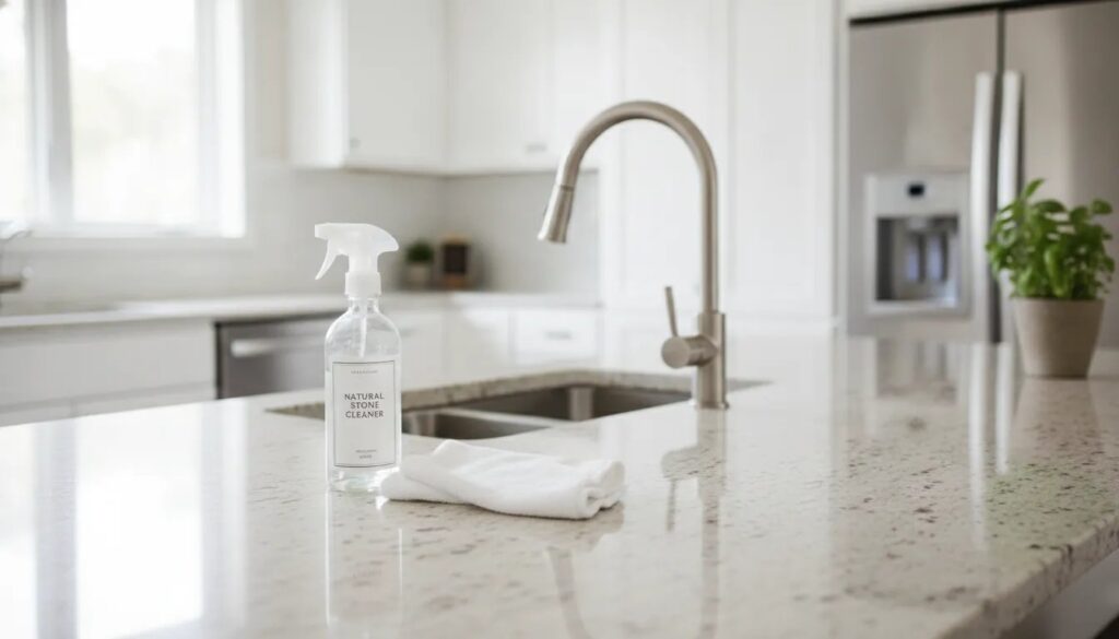 A clean modern bathroom with professional cleaning supplies on a vanity.