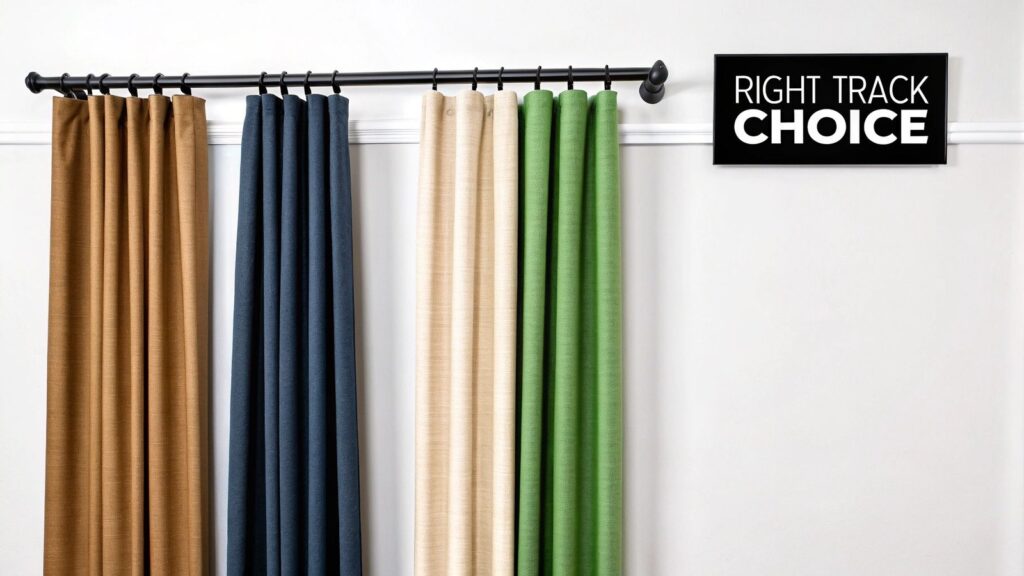 A modern curved shower rod installed above a bathtub in a bright, elegant bathroom.