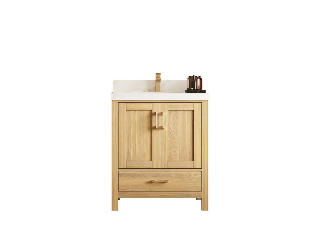 A bright modern bathroom featuring a sleek floating vanity with minimalist fixtures.