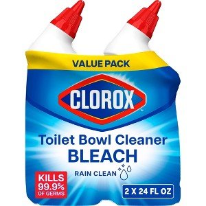 Cleaning supplies including bleach toilet bowl cleaner, a brush, and gloves.