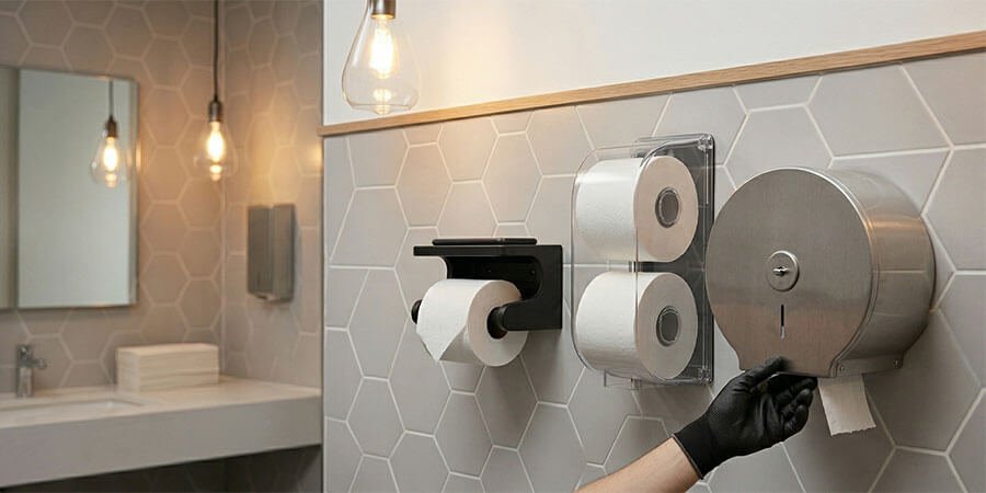 A clean, minimalist bathroom wall space ready for toilet paper holder placement.
