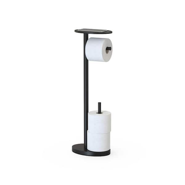 Convenient toilet paper holder with shelf providing space for personal items in bathroom.