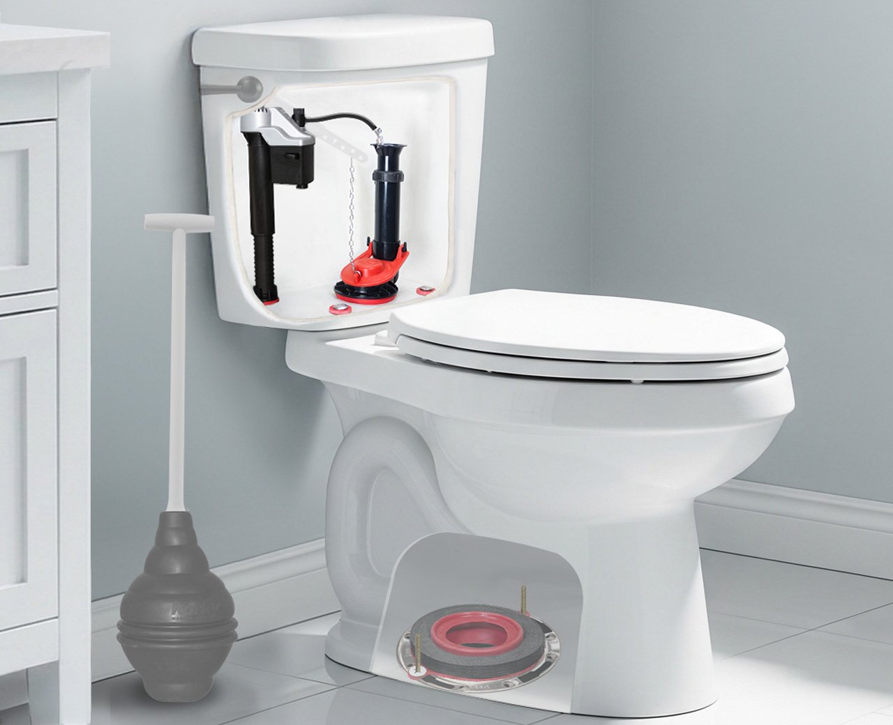 Hands adjusting the float screw on a toilet fill valve to fix leaks.