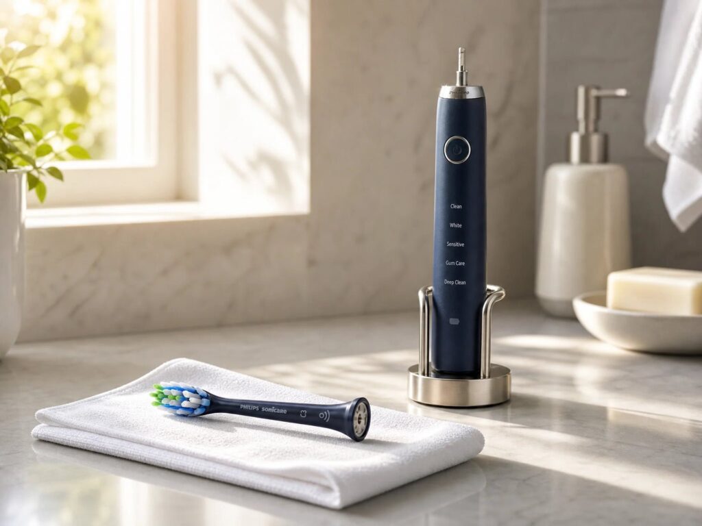 A well-organized toothbrush storage rack in a clean, modern bathroom setting.