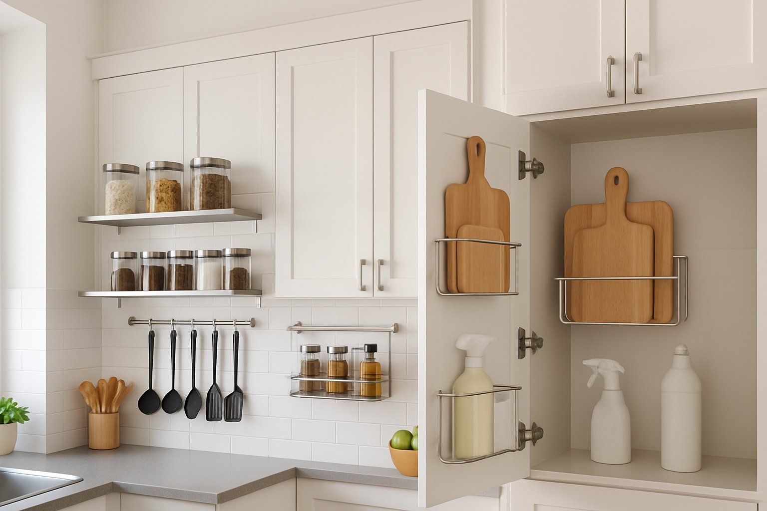 A properly installed shower caddy sits level and secure against a tiled bathroom wall.