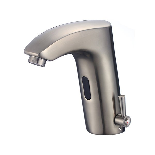 Close up of hands adjusting a touchless faucet with digital temperature control settings.