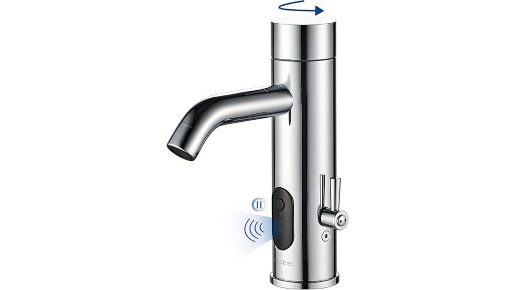 A modern touchless bathroom faucet with temperature control installed in a luxury bathroom.