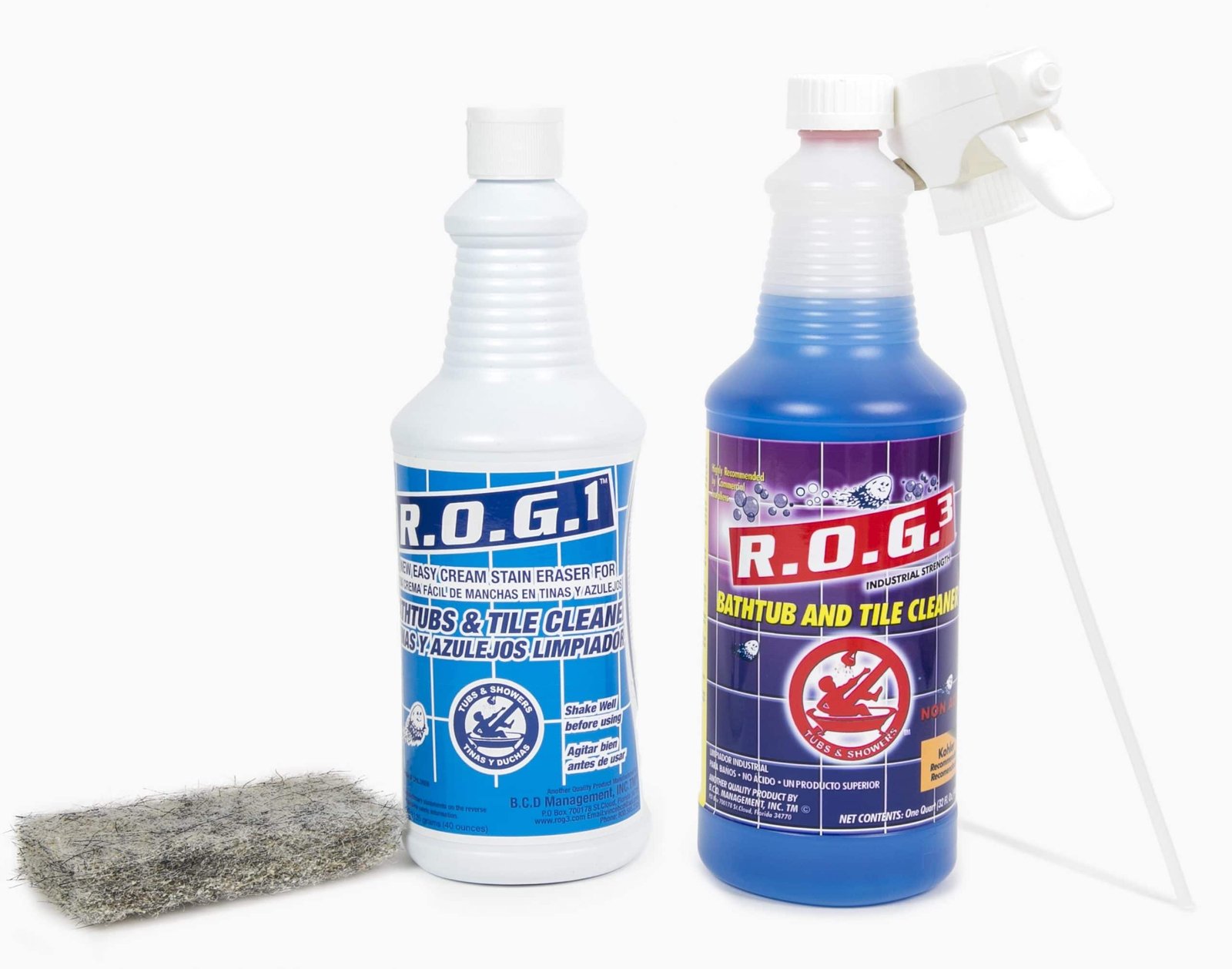 Assorted gentle cleaning supplies for fiberglass tubs arranged neatly on a vanity counter.