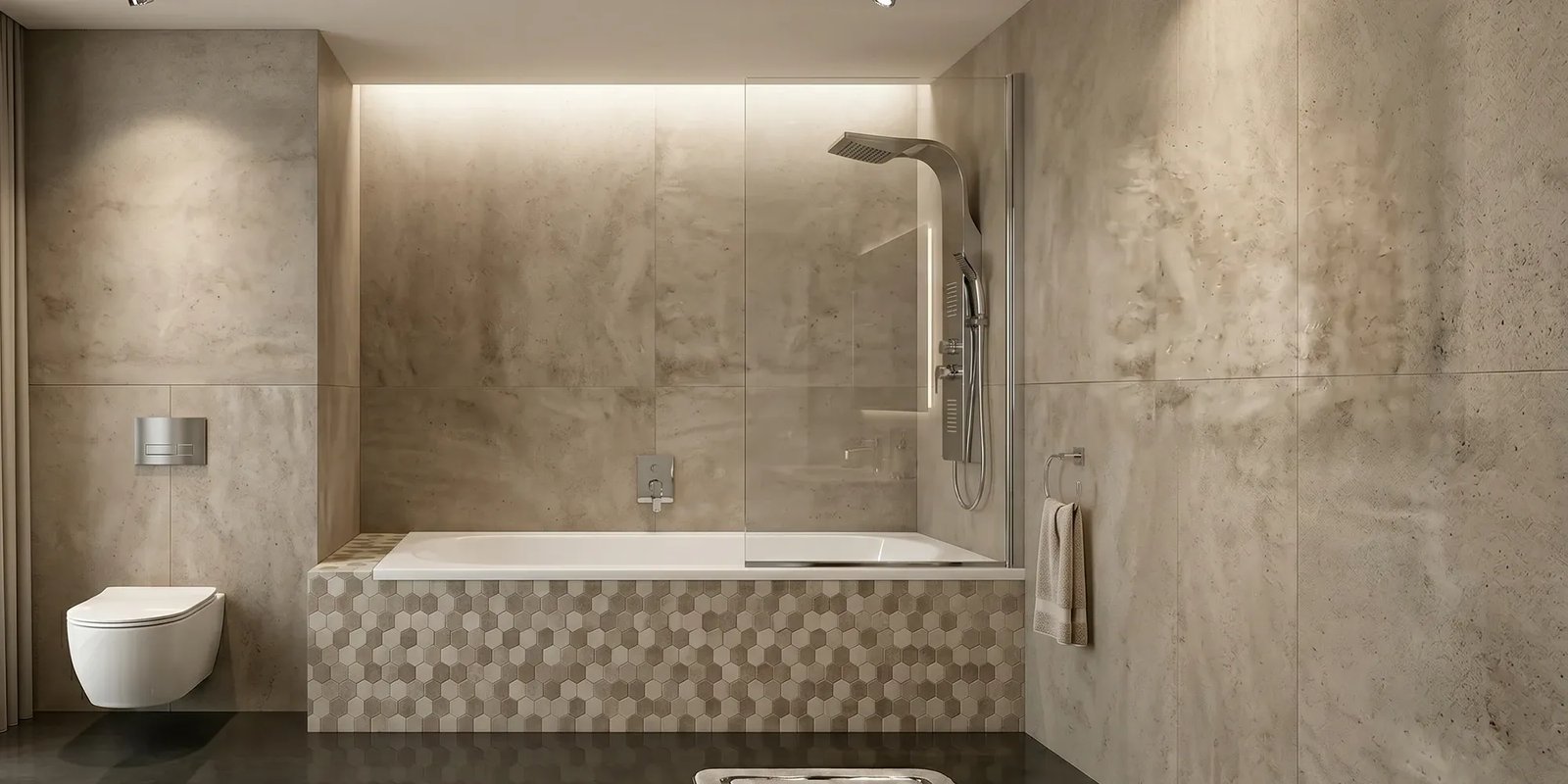 Side-by-side view of a walk-in shower and bathtub in a bright bathroom.