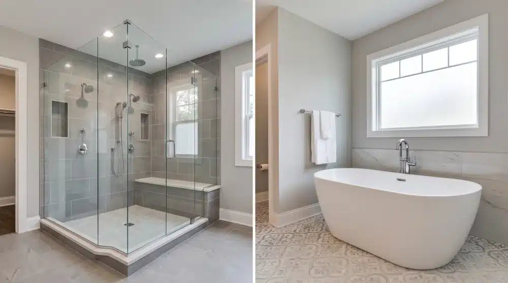 A modern bathroom showcasing both a walk-in shower and a freestanding bathtub.