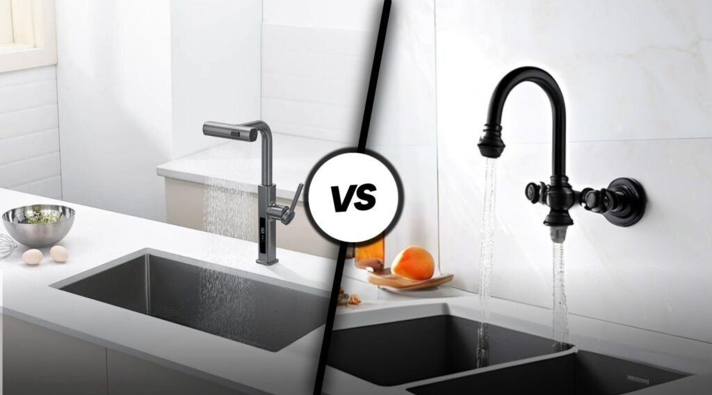 A side-by-side view comparing modern wall mounted and deck mounted faucets in a bathroom.