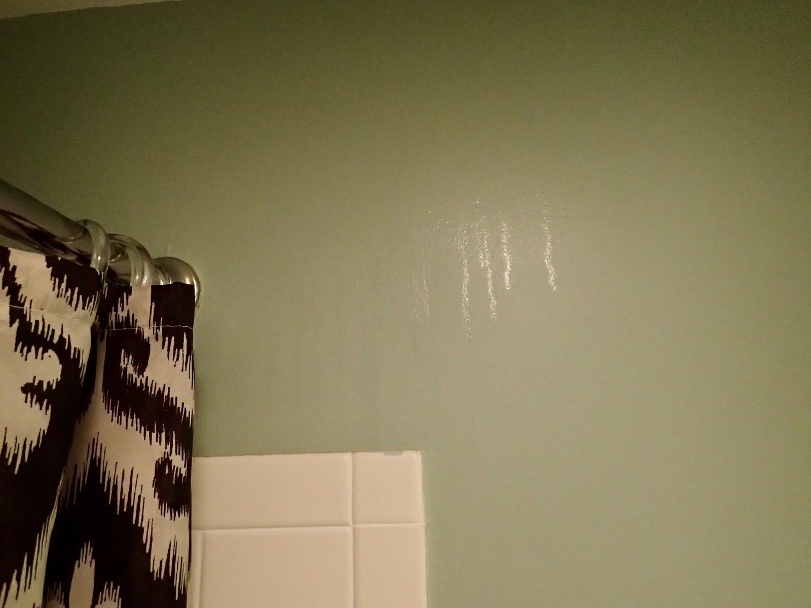 Testing a dark water stain on drywall for active plumbing leaks.