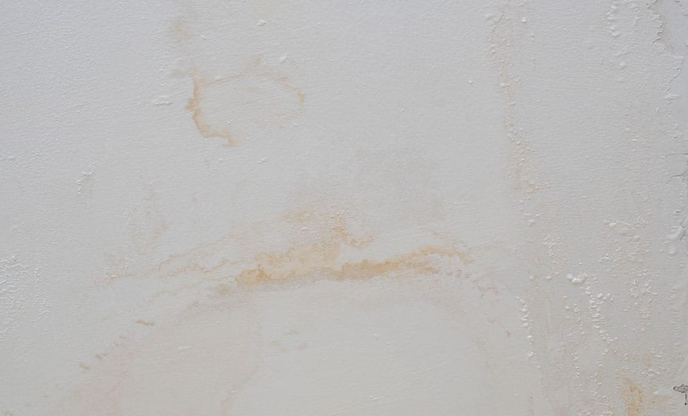 A subtle water stain on a clean bathroom wall indicates moisture damage.