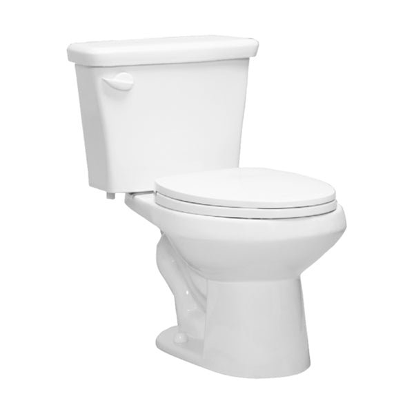 A person adjusting the internal flush mechanism inside a standard residential toilet tank.