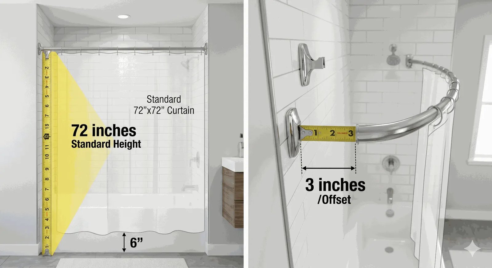 Shower curtain and liner hanging properly with even folds inside the tub.