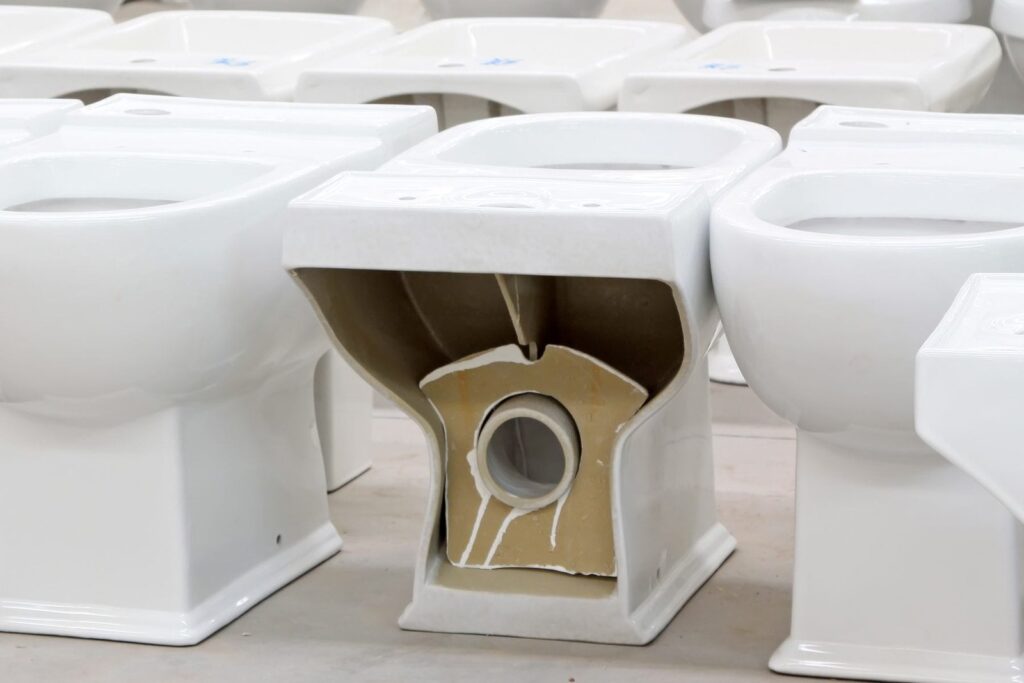 A modern white ceramic toilet stands in a bright, minimalist bathroom with soft natural lighting.
