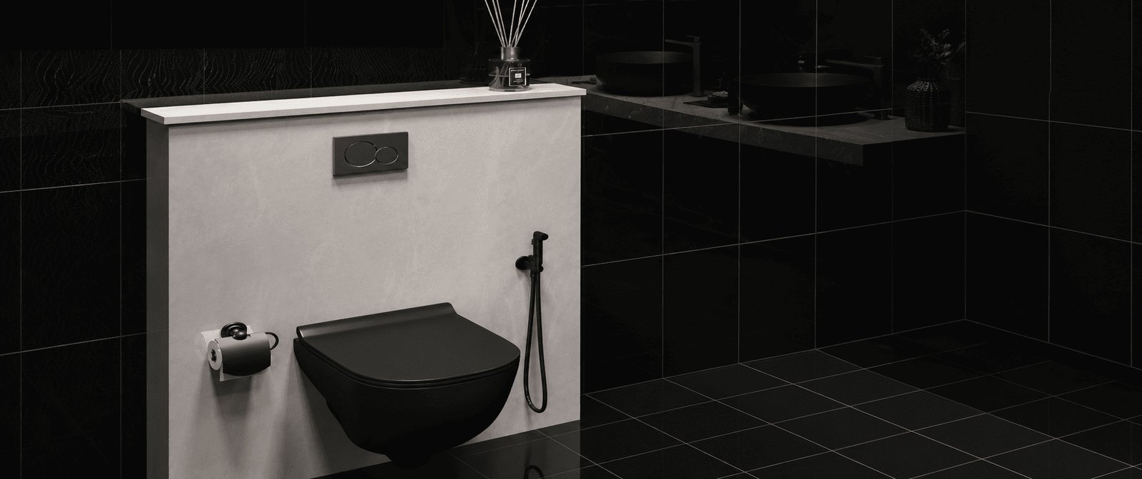 Modern bathroom fixtures showing the water supply connection for a toilet.
